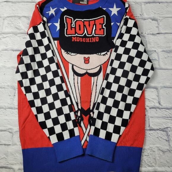 Love Moschino Race Theme Boop Babe Logo Sweater Stars Red Blue White size Small - Picture 10 of 16